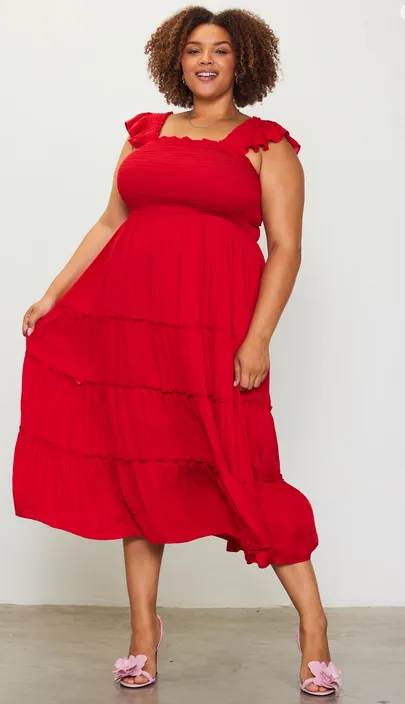 Kelsey Smocked Midi Dress in Red