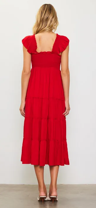 Kelsey Smocked Midi Dress in Red