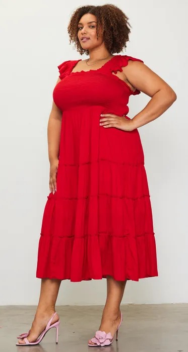 Kelsey Smocked Midi Dress in Red