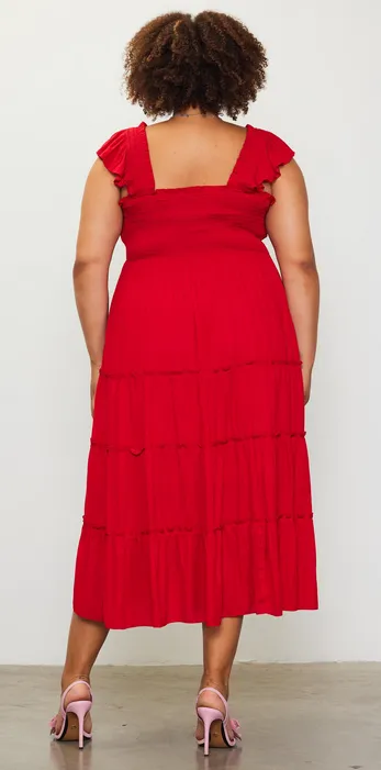 Kelsey Smocked Midi Dress in Red