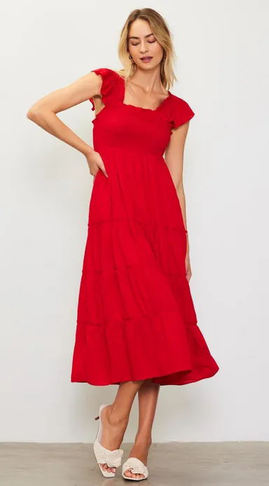 Kelsey Smocked Midi Dress in Red