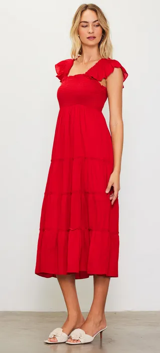 Kelsey Smocked Midi Dress in Red