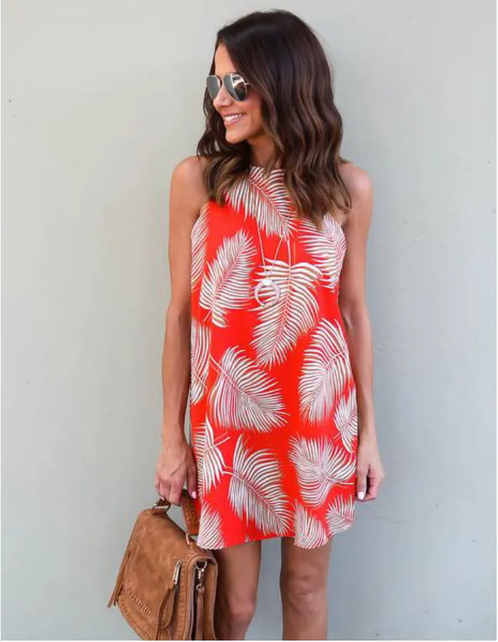 Leaves Print Sleeveless Mini Dress