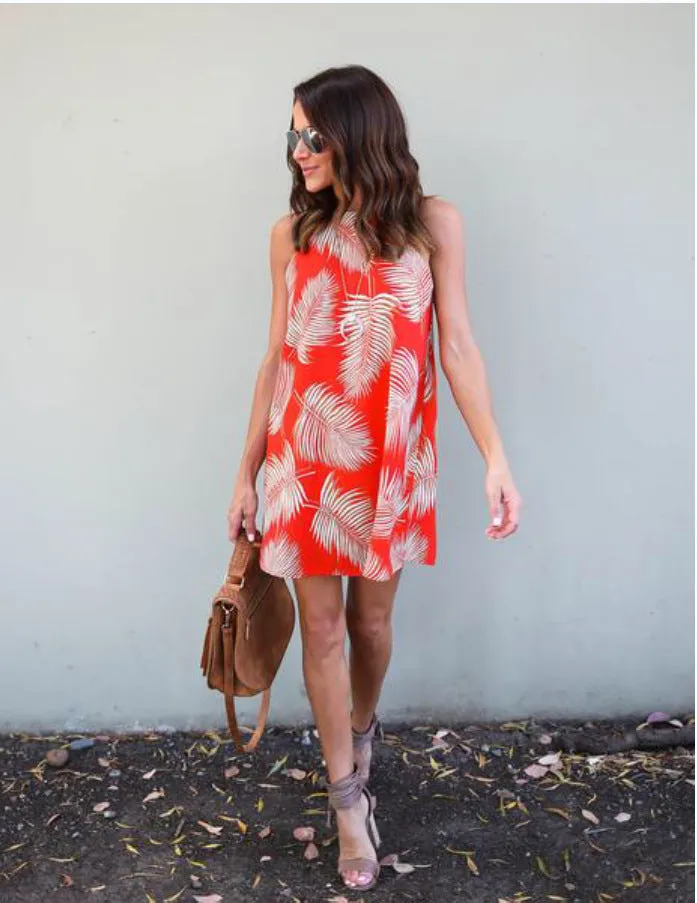 Leaves Print Sleeveless Mini Dress