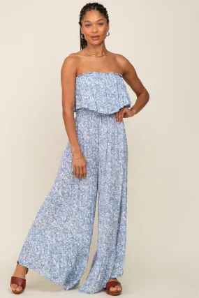 Light Blue Paisley Ruffle Strapless Jumpsuit