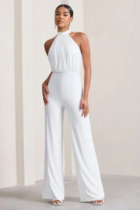 Maddie | White Backless Halter Neck Ruched Jumpsuit