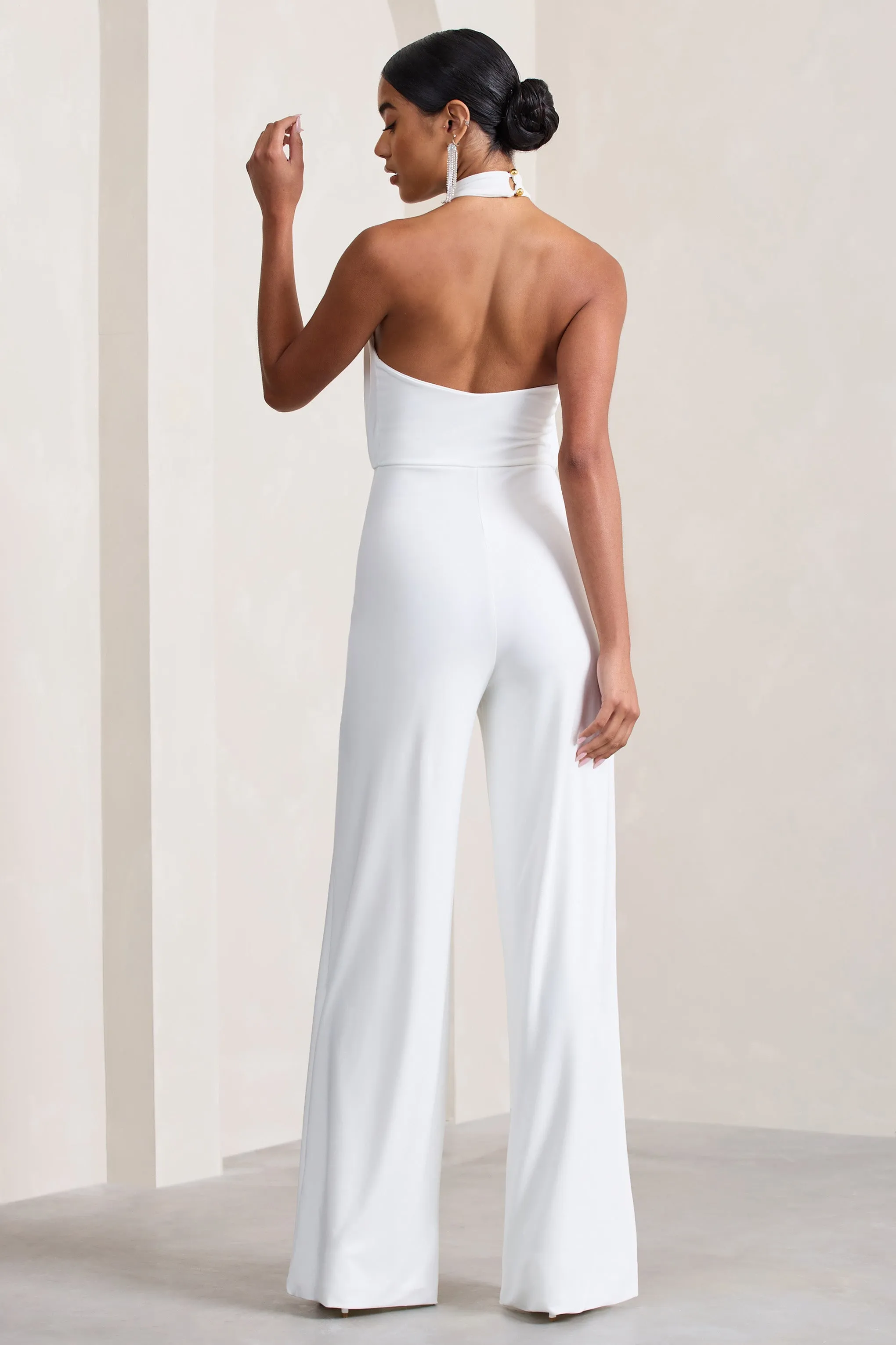 Maddie | White Backless Halter Neck Ruched Jumpsuit