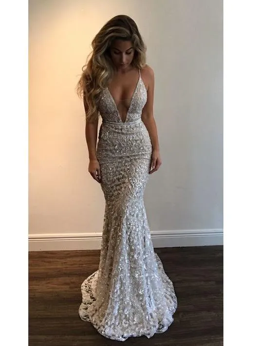 Mermaid Sexy Prom Dress Lace V Neck Long Vintage Prom Dress #ER512