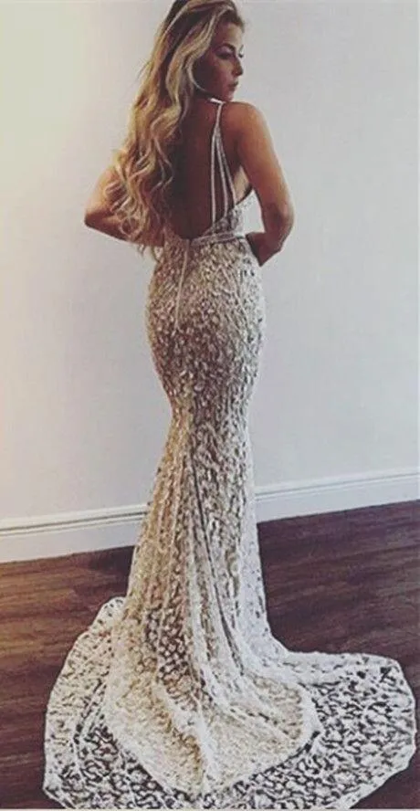 Mermaid Sexy Prom Dress Lace V Neck Long Vintage Prom Dress #ER512