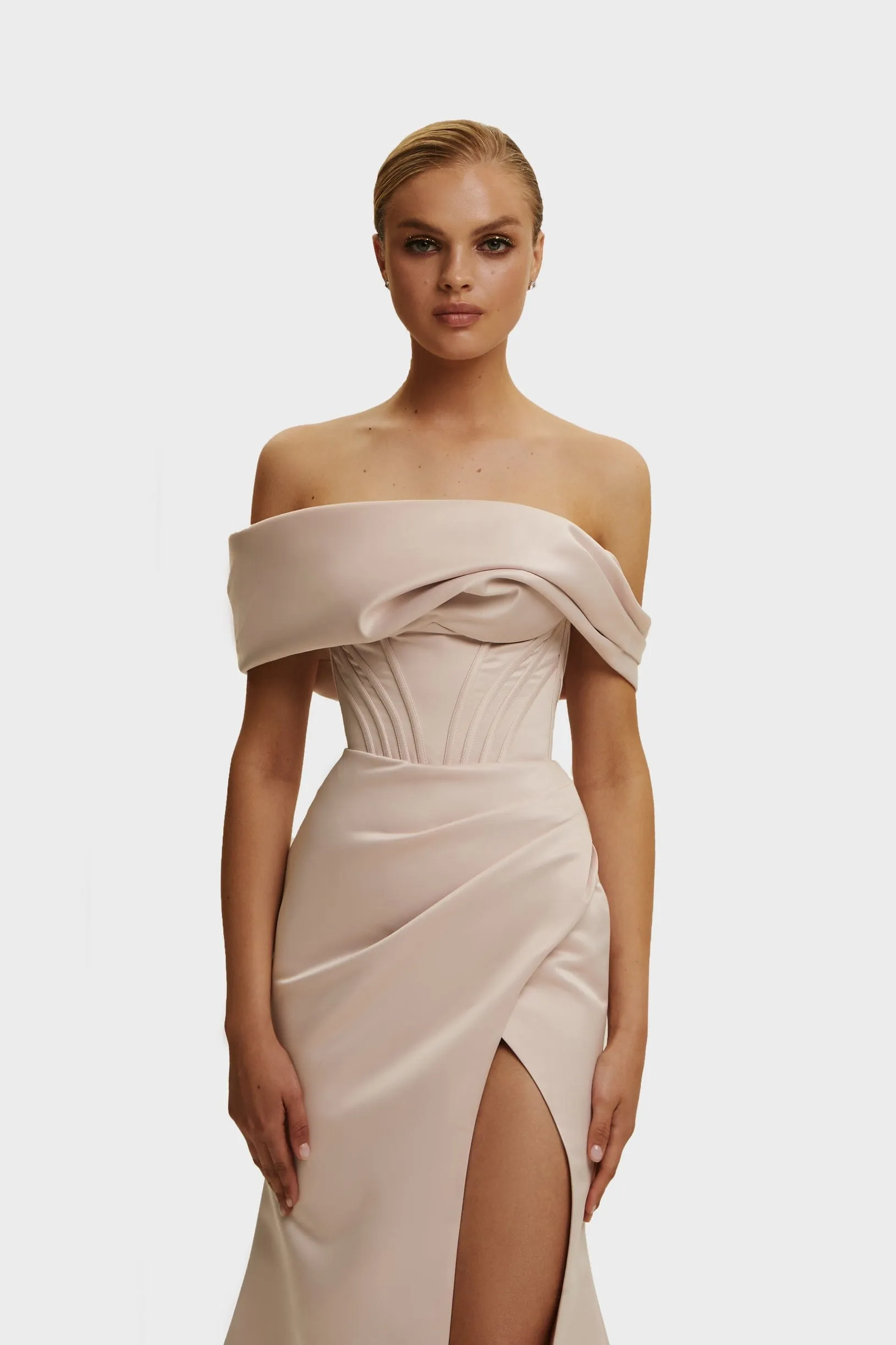 Misty Rose Princess strapless gown with thigh slit