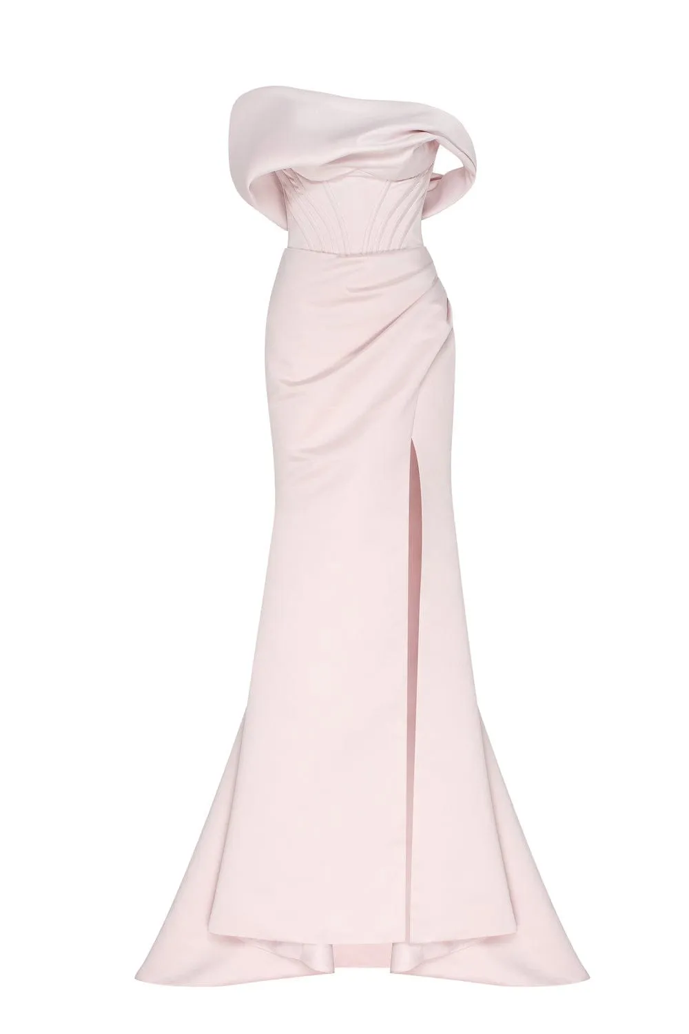 Misty Rose Princess strapless gown with thigh slit