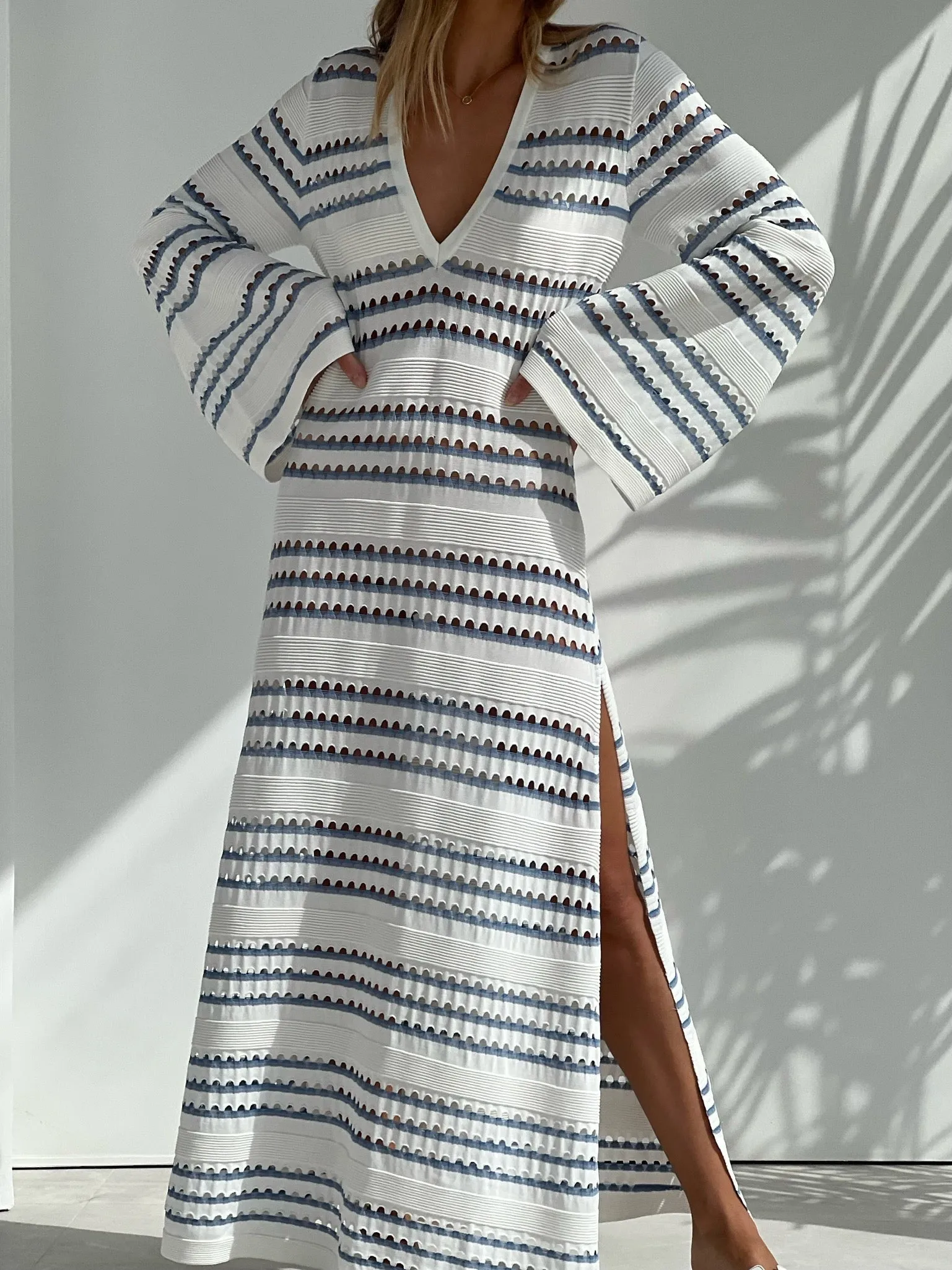 Nina Knitted Stripe Dress | White & Blue