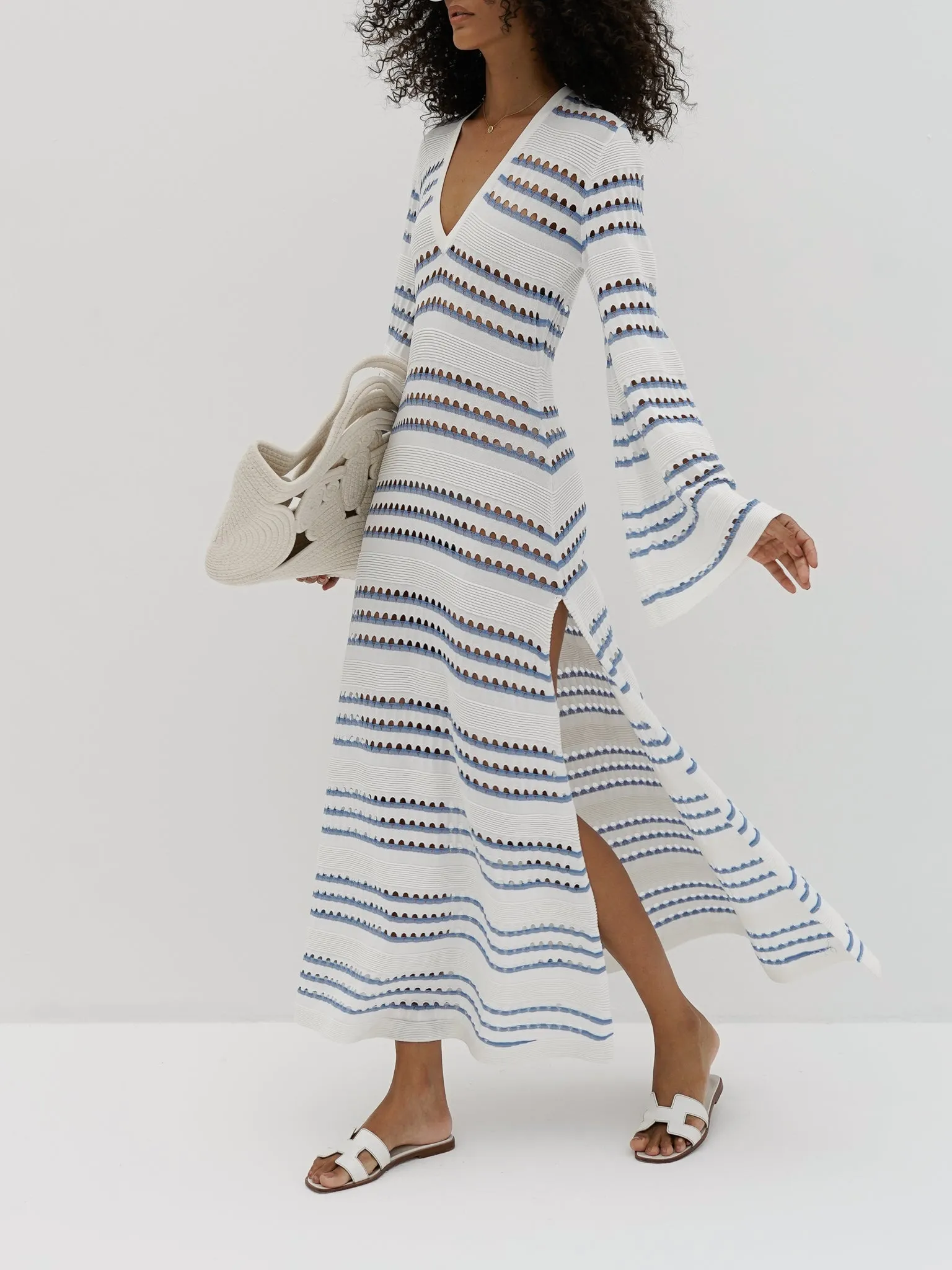 Nina Knitted Stripe Dress | White & Blue