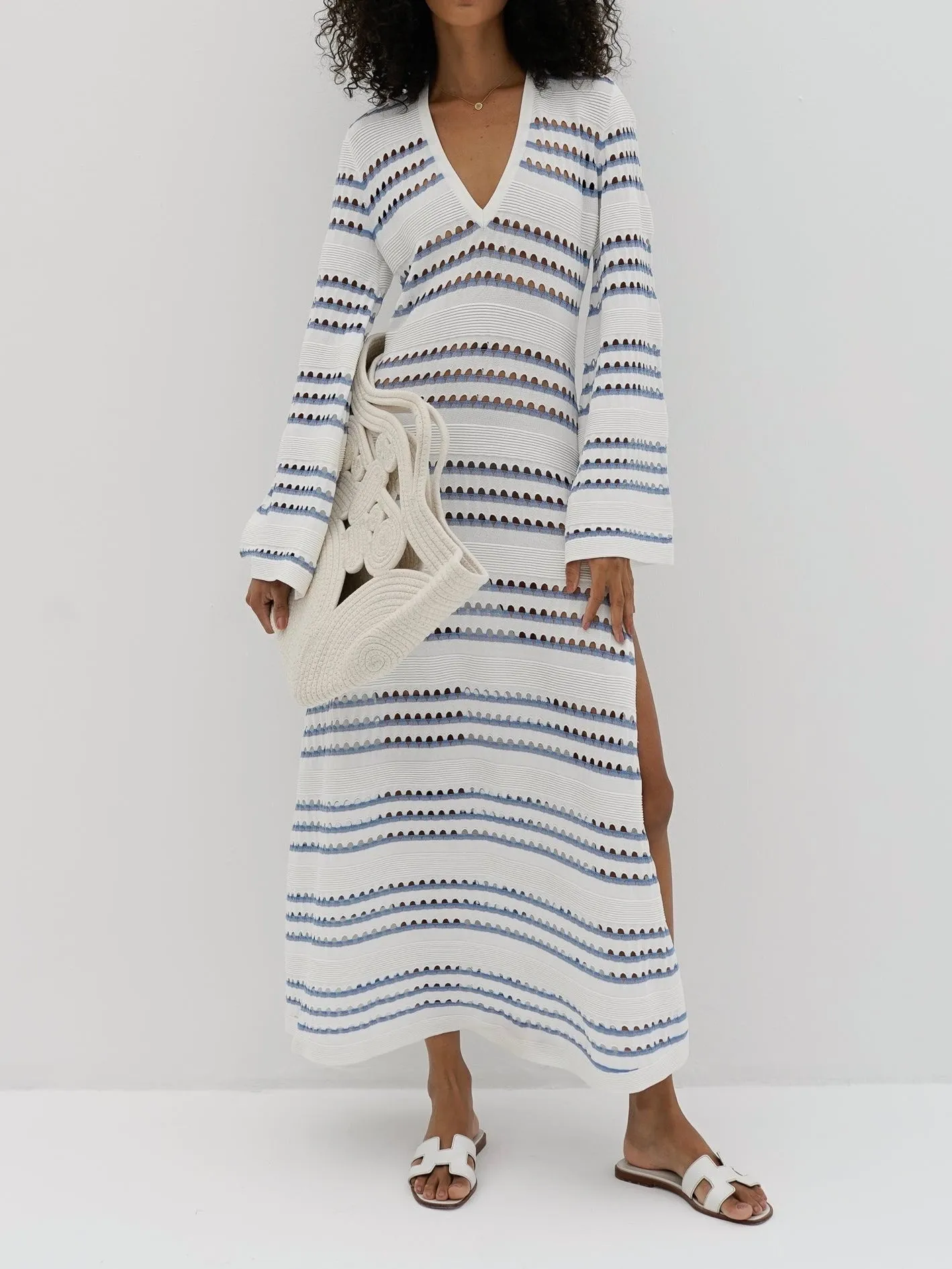 Nina Knitted Stripe Dress | White & Blue