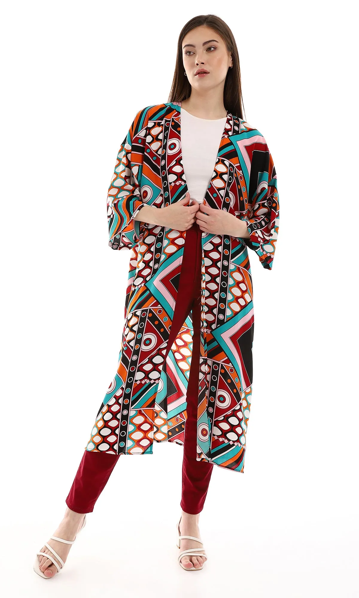 O167009 Dressy Burgundy, White, Black & Teal Cardigan