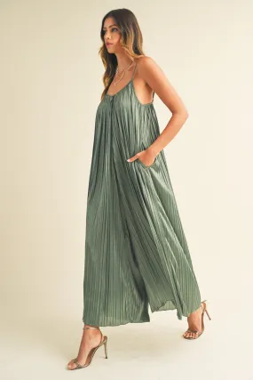 Olive Pleated Wide Leg Sleeveless Jumpsuit