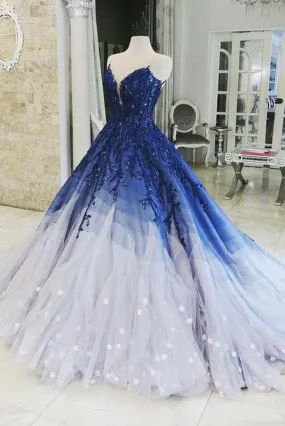 Ombre Ball Gown Royal Blue Prom Dresses With Appliques, Long V Neck Quinceanera Dresses STK15275