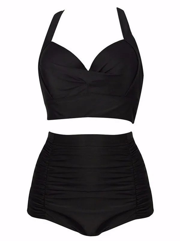 Plus Size Elegant Black High-waisted Bikini Sets