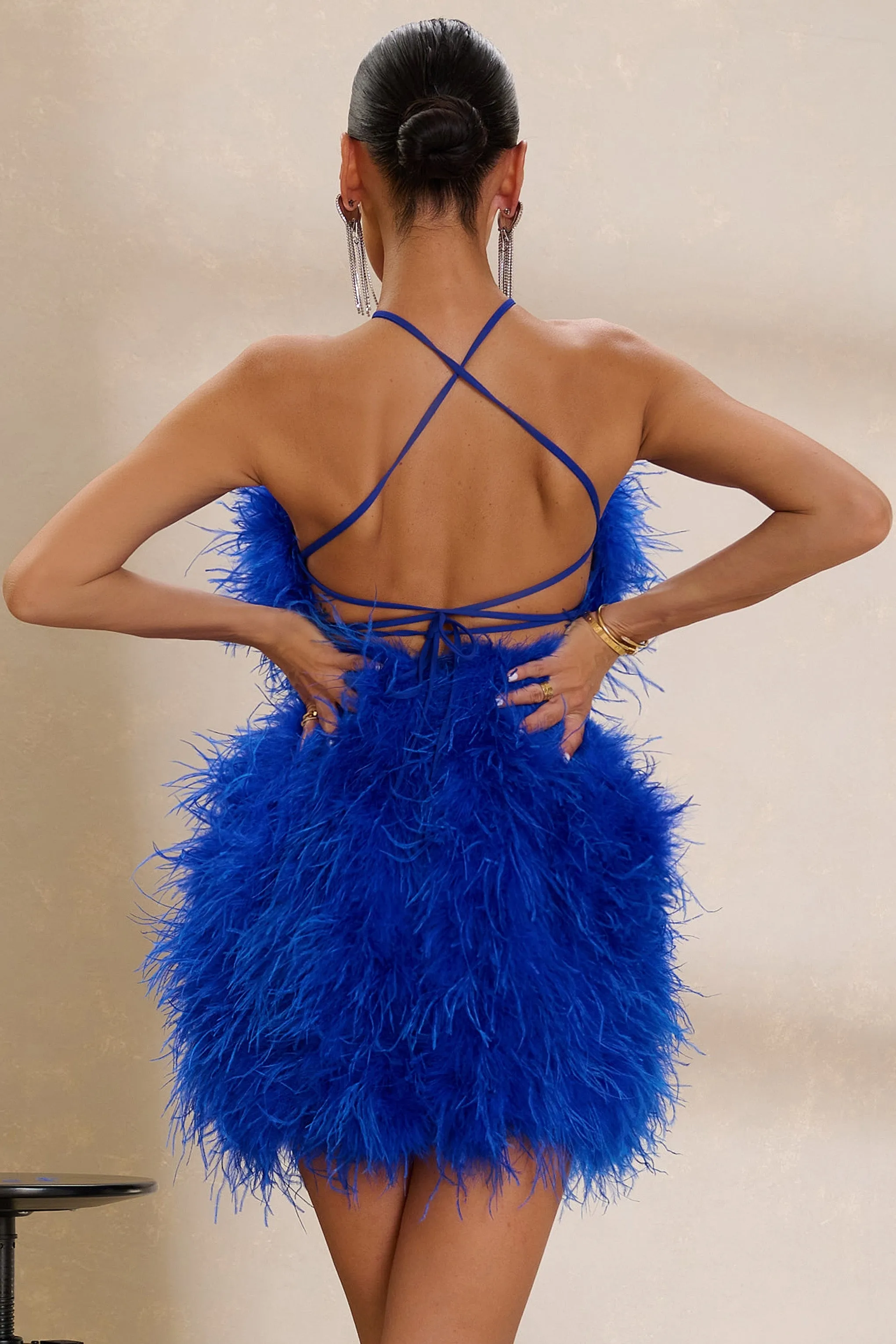 Power Up | Cobalt Blue Feather Halter Neck Mini Dress