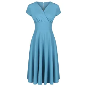 Pretty Blue Vintage A Line Crossover Capped Sleeve Tea Swing Dress