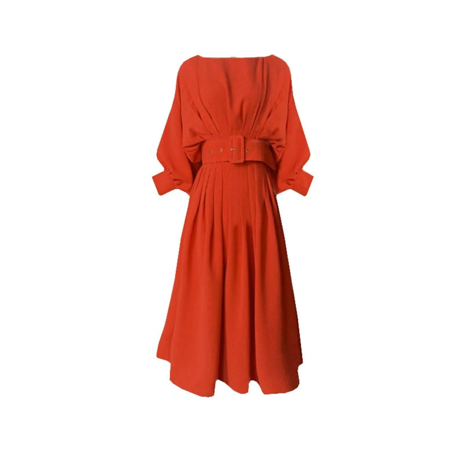 Puff Sleeve Belted Midi Dress