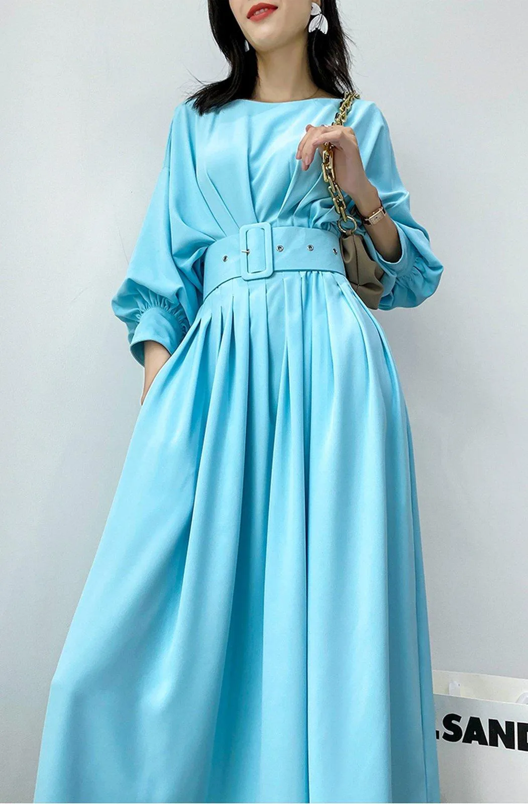 Puff Sleeve Belted Midi Dress