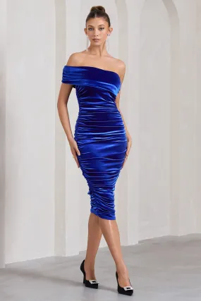 Remember Me | Cobalt Blue Velvet Ruched Asymmetric Bodycon Midi Dress