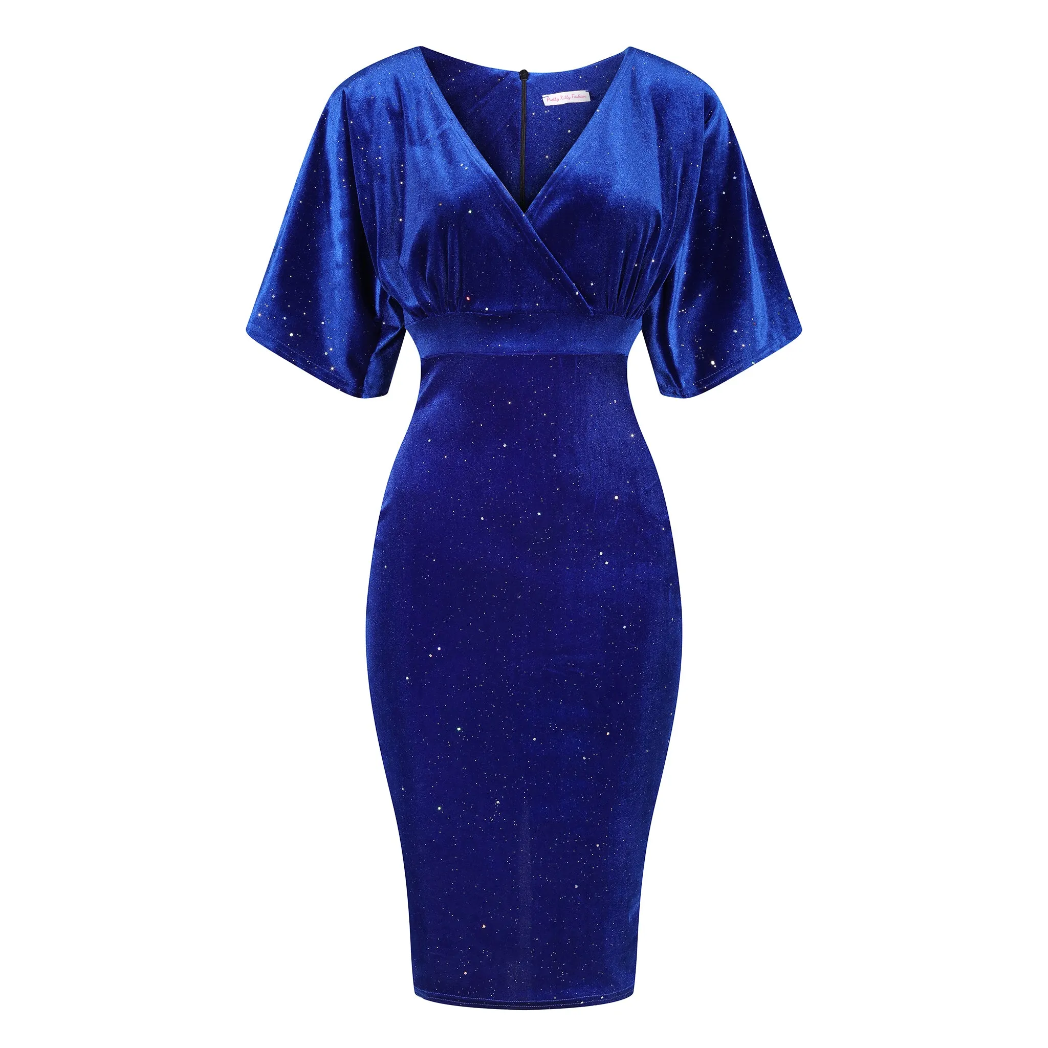 Royal Blue Velour Glitter Sparkle Half Batwing Sleeve Crossover Top Wiggle Dress