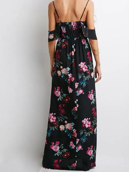 Sexy Floral Print Backless Long Dress