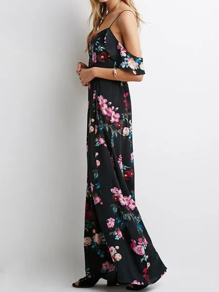 Sexy Floral Print Backless Long Dress