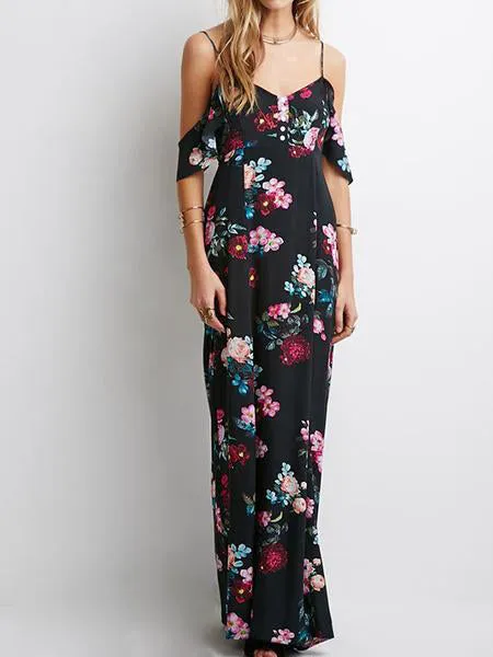 Sexy Floral Print Backless Long Dress