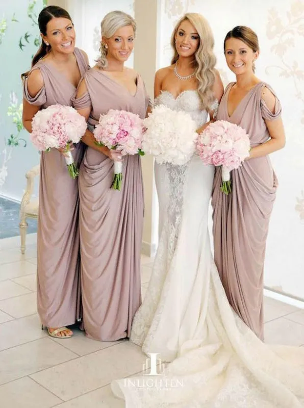 Sheath V-Neck Cold Shoulder Ruched Purple Satin Bridesmaid Dress