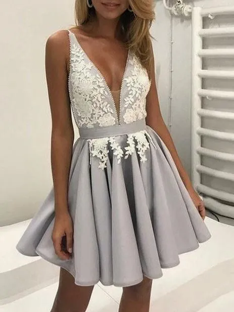 Silver V Neck Homecoming Dress Cheap Party Homecoming Dress ER092