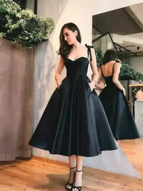 Simple Black Satin Homecoming Dress Spaghetti Straps Cocktail Party Dress ER2171