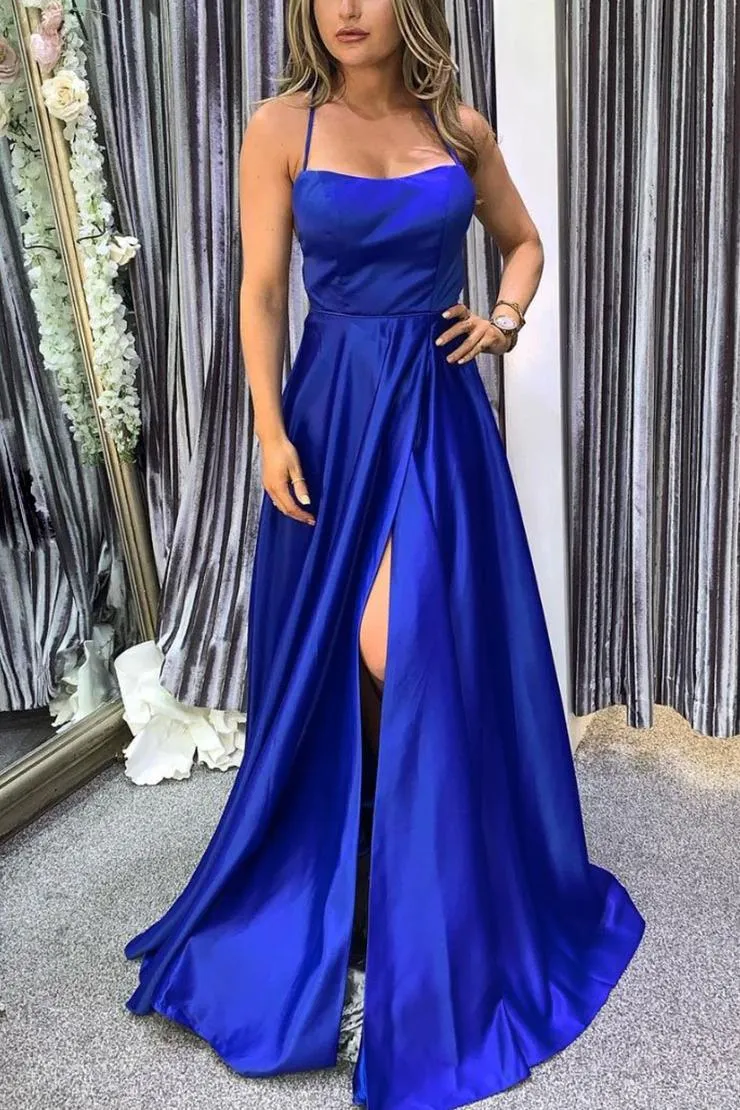 Simple Blue Sleeveless A Line Satin Prom Dresses Bridesmaid Dresses