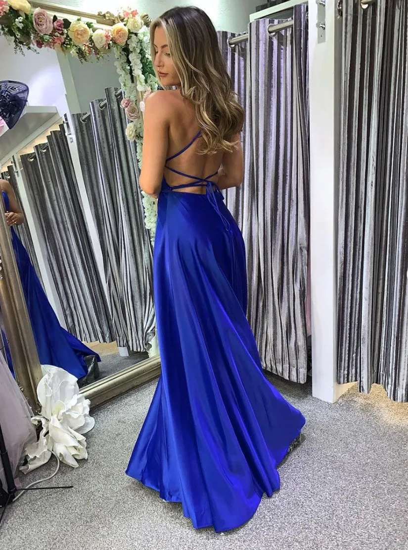 Simple Blue Sleeveless A Line Satin Prom Dresses Bridesmaid Dresses