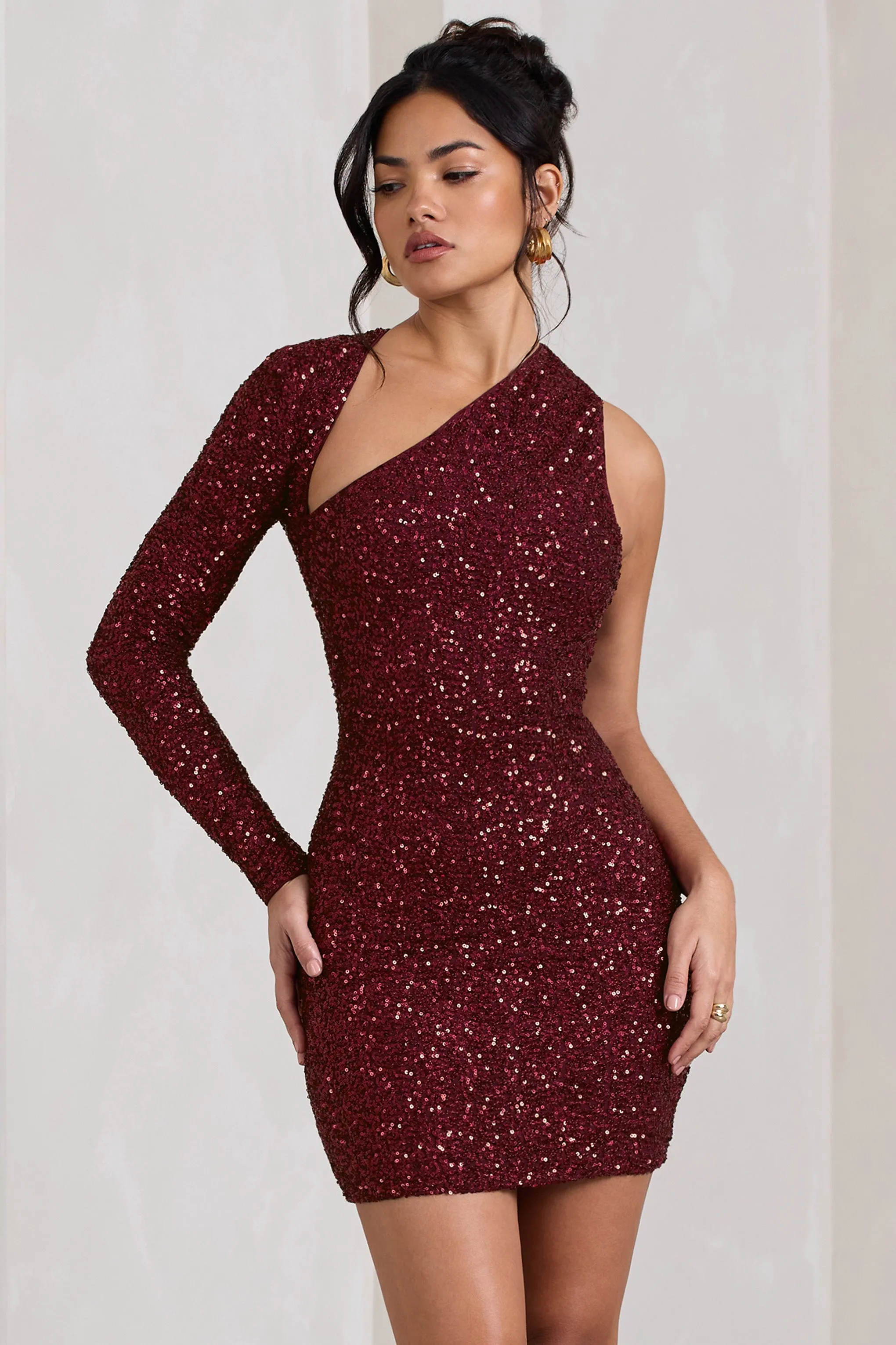 Siren | Burgundy Sequin One Shoulder Bodycon Mini Dress