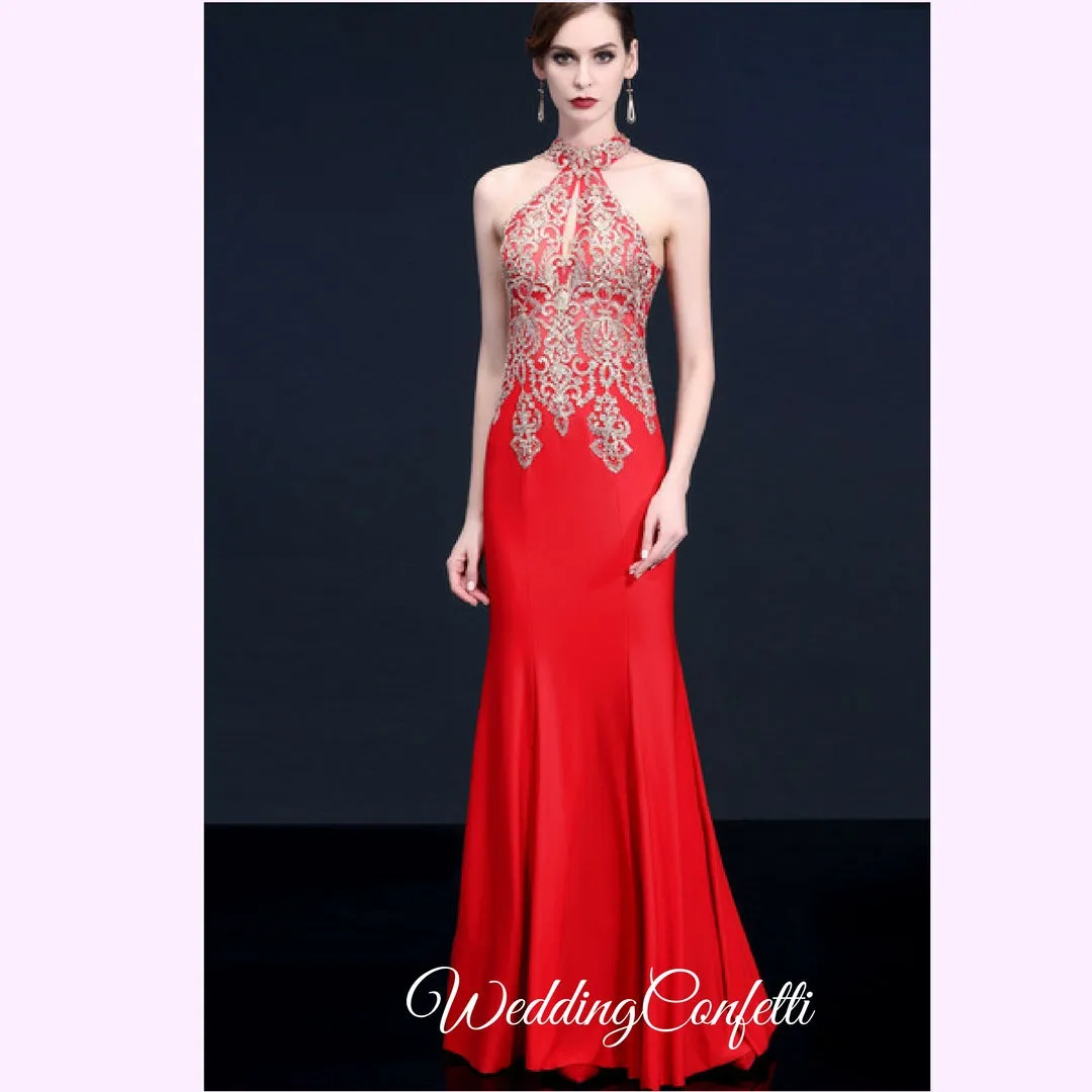 The Esmeralda Wedding Bridal Halter Gold / Red / Blue Dress / Gown