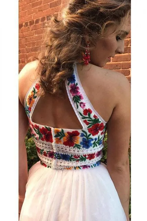 Two Pieces Embroidery Prom Dresses Unique Halter Open Back Formal Dress with Tulle