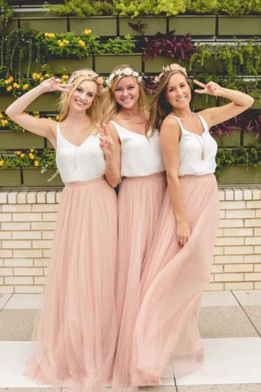 V Neck Tulle Floor Length A Line Bridesmaid Dresses