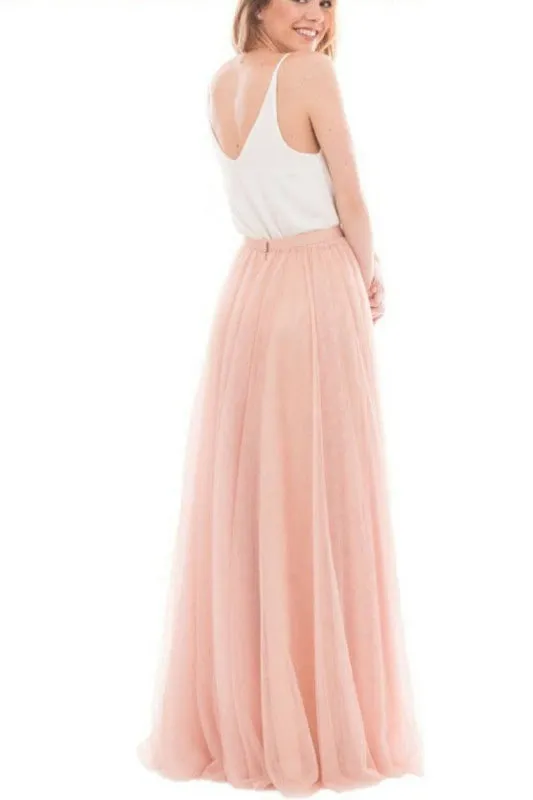 V Neck Tulle Floor Length A Line Bridesmaid Dresses