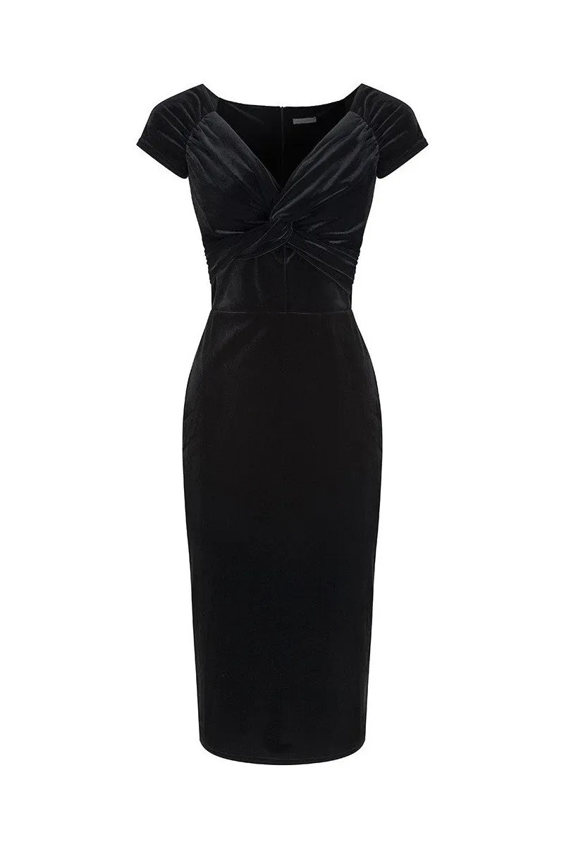 Vintage 1940s Black Velour Crossover Wiggle Dress