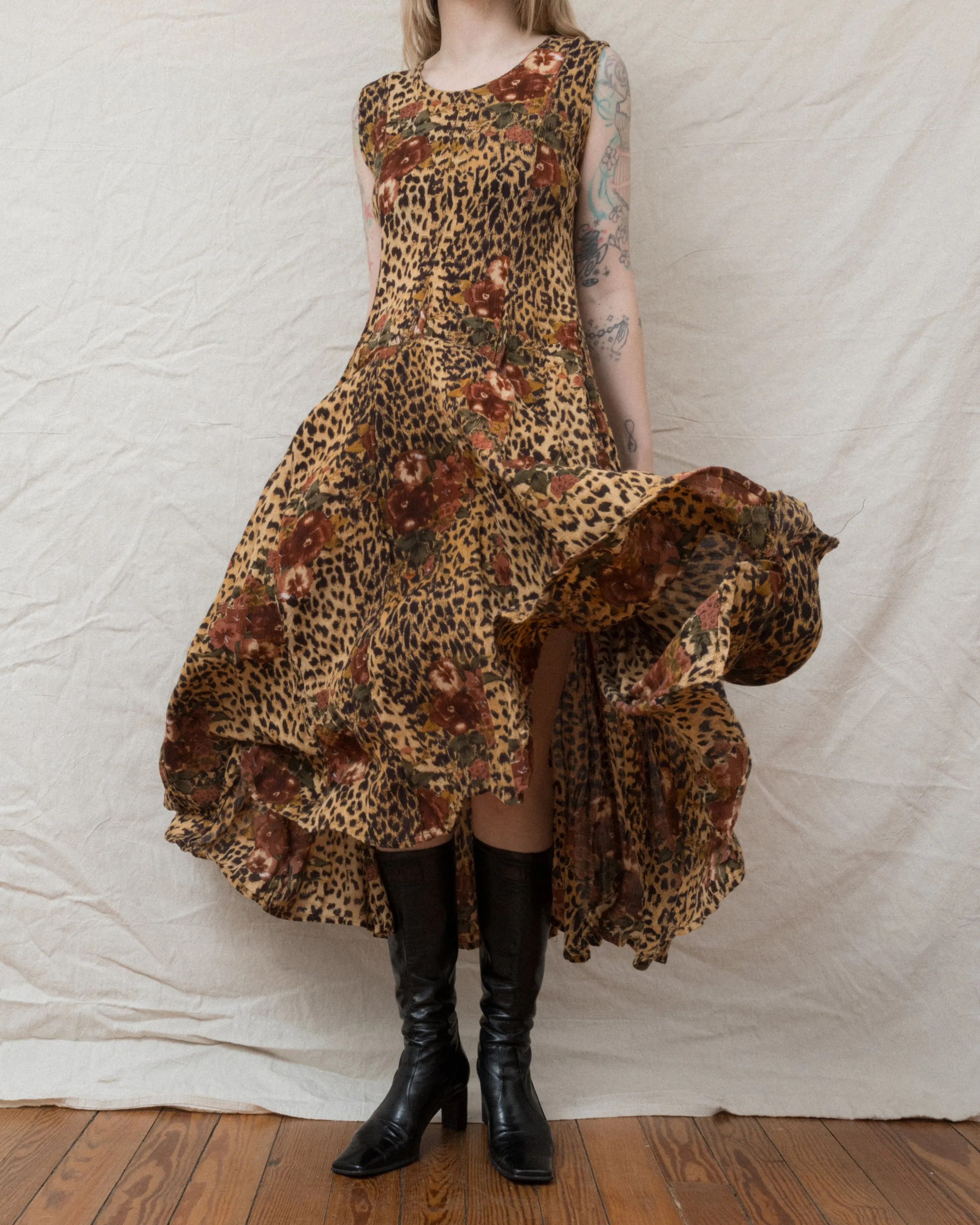 Vintage Leopard Floral Crinkle Dress (S/M)