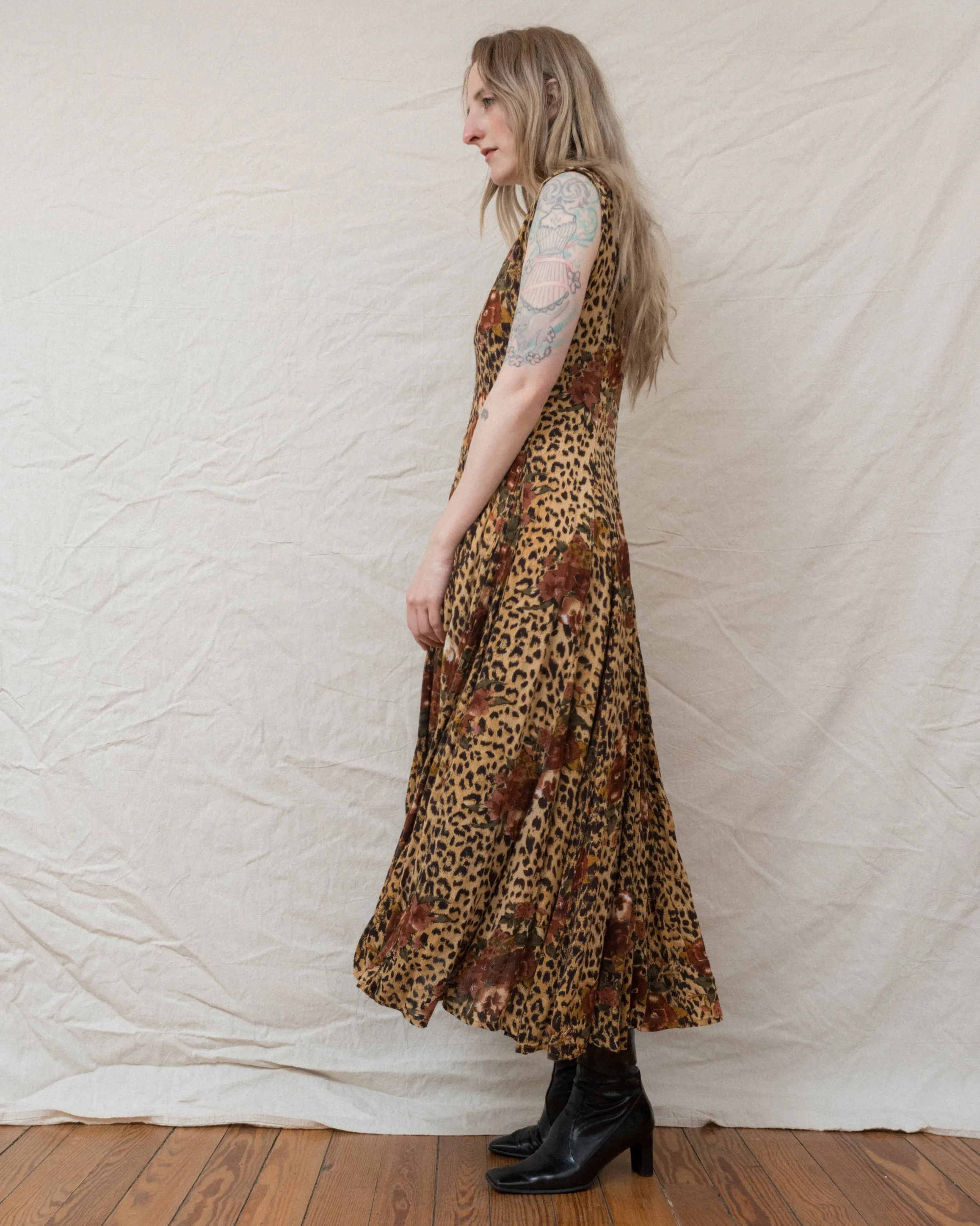 Vintage Leopard Floral Crinkle Dress (S/M)