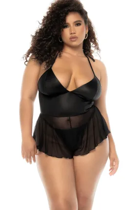 Wet-Look Romper with  Halter Neck-Tie | Plus Size