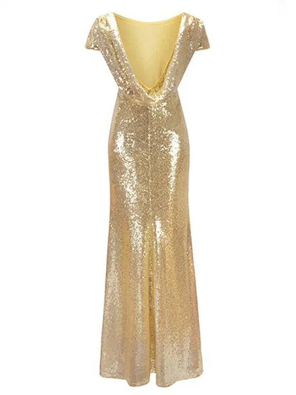 Women Long Gold Bridesmaid Sequins Dress