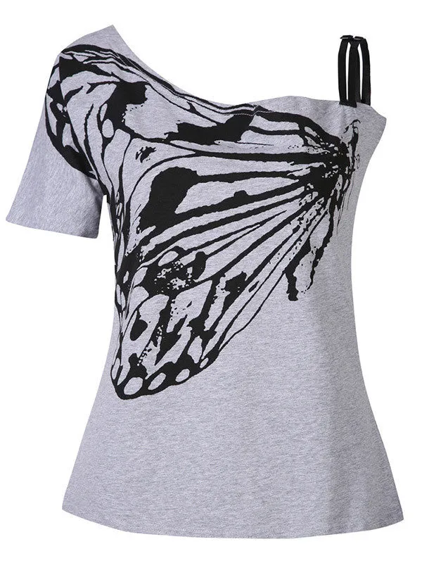 Women's Butterfly Print One Shoulder Casual Tops