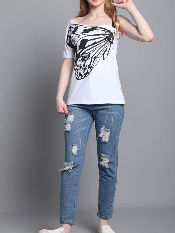 Women's Butterfly Print One Shoulder Casual Tops