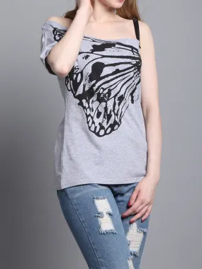 Women's Butterfly Print One Shoulder Casual Tops