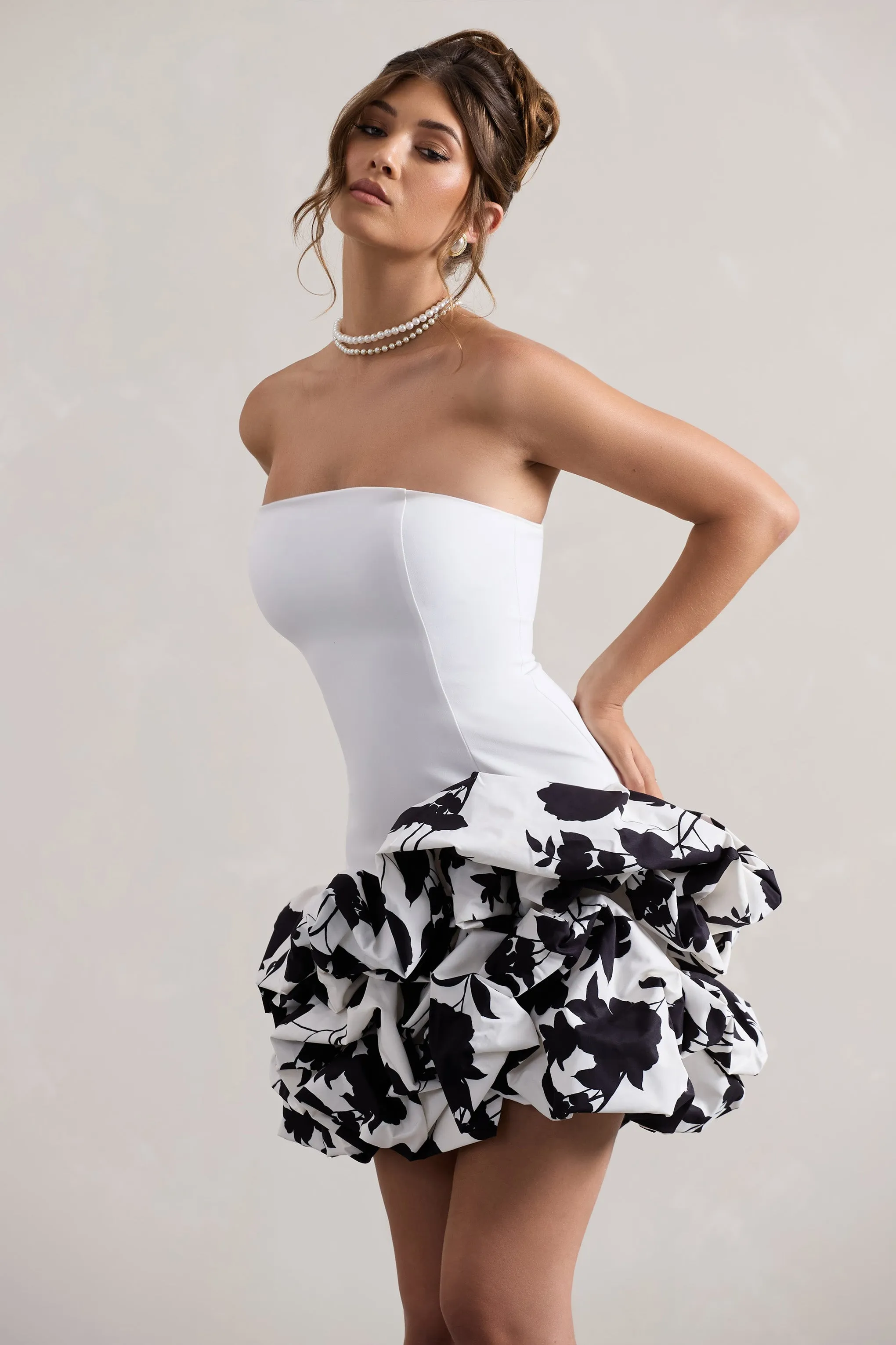 Work Of Art | Cream Floral Print Strapless Ruffle Mini Dress